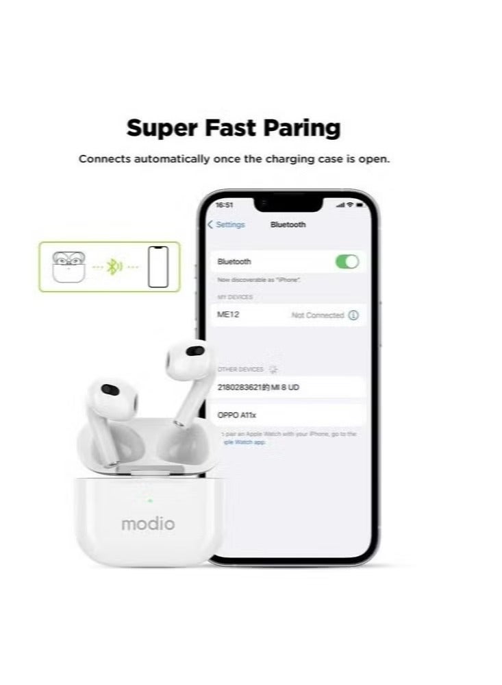 modio ME12 Bluetooth Wireless Earphones – Premium Stereo Sound with Deep Bass, Built-in Microphone for Hands-Free Calls, Noise Reduction, Ergonomic Design, Fast Pairing, and Extended Battery Life – Compatible with Android & iOS Devices - Image 3