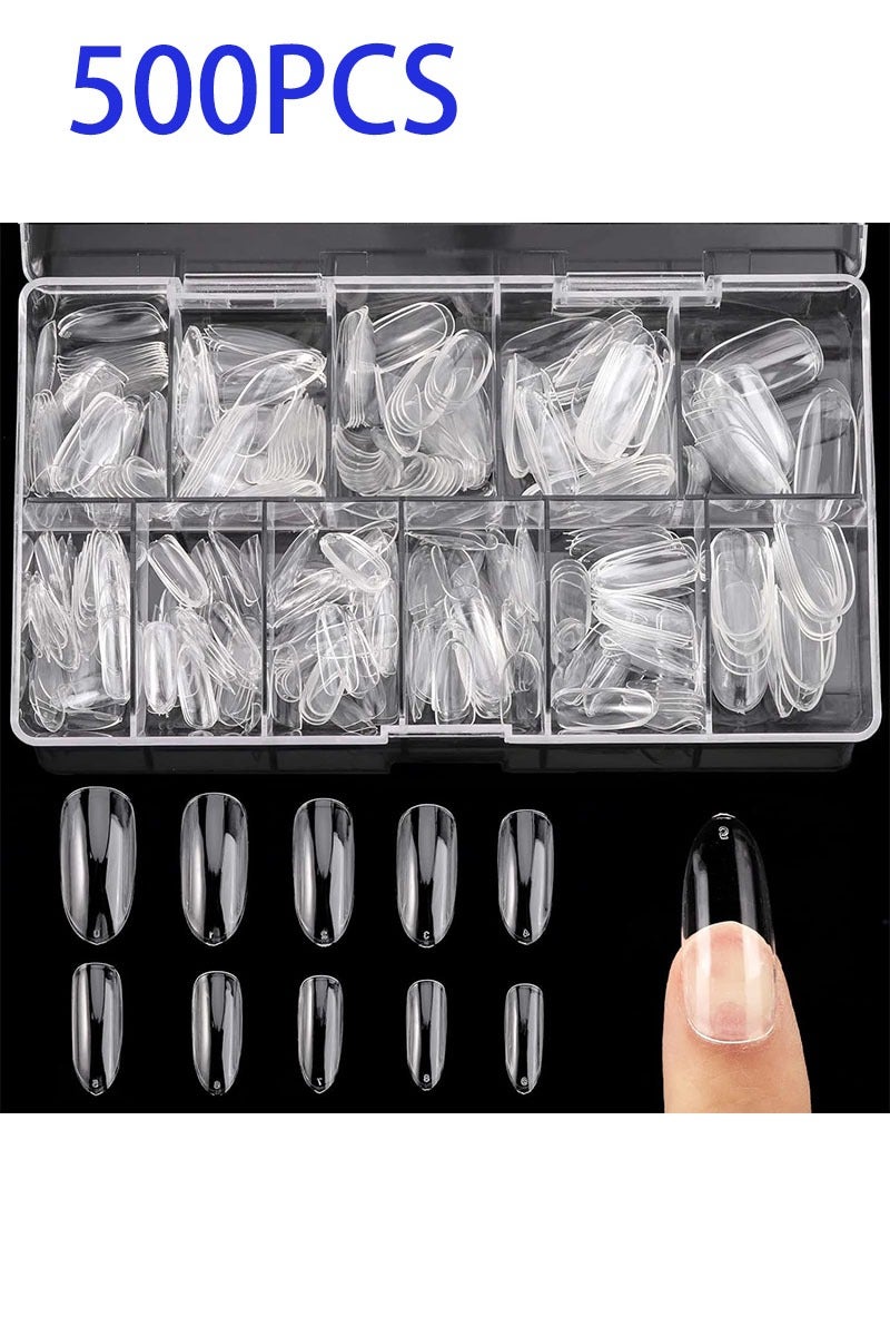 Geustos 500 Pcs Clear False Nails, Coffin Nail Tips Full Cover, Clear Acrylic False Nails with Case, Fake Nail Tips for Poly Nail Extension Nail Art DIY Home, 10 Sizes (Clear) - Image 1