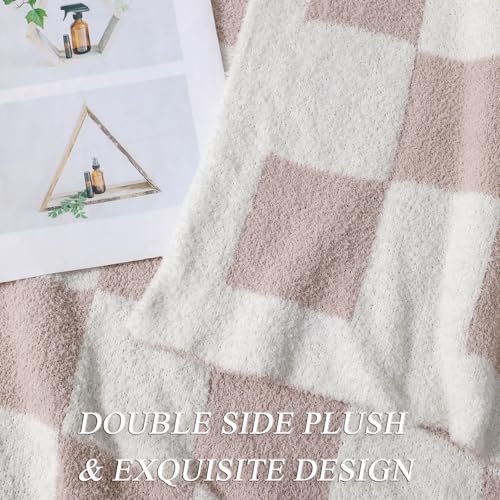 bearberry Fuzzy Checkerboard Grid Throw Blanket Soft Cozy Warm Microfiber All Season Blanket Decor for Couch Sofa Bed Travel Home (Cream, 50''x60'') - Image 3
