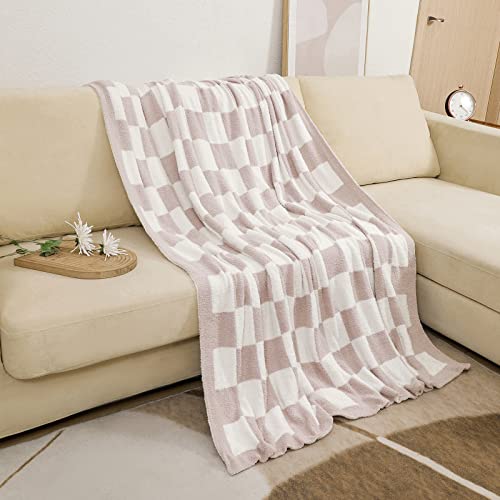 bearberry Fuzzy Checkerboard Grid Throw Blanket Soft Cozy Warm Microfiber All Season Blanket Decor for Couch Sofa Bed Travel Home (Cream, 50''x60'') - Image 5