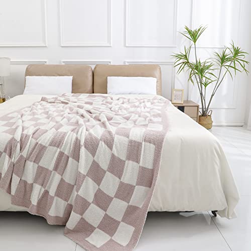 bearberry Fuzzy Checkerboard Grid Throw Blanket Soft Cozy Warm Microfiber All Season Blanket Decor for Couch Sofa Bed Travel Home (Cream, 50''x60'') - Image 2