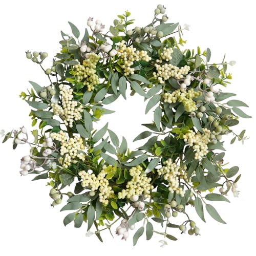 Bibelot Eucalyptus Wreath for Front Door 22 Inch Artificial Green Leaves Wreath with White Berries Spring Wreaths All Season for Home Porch Wall Window Festival Wedding Decor - Image 1