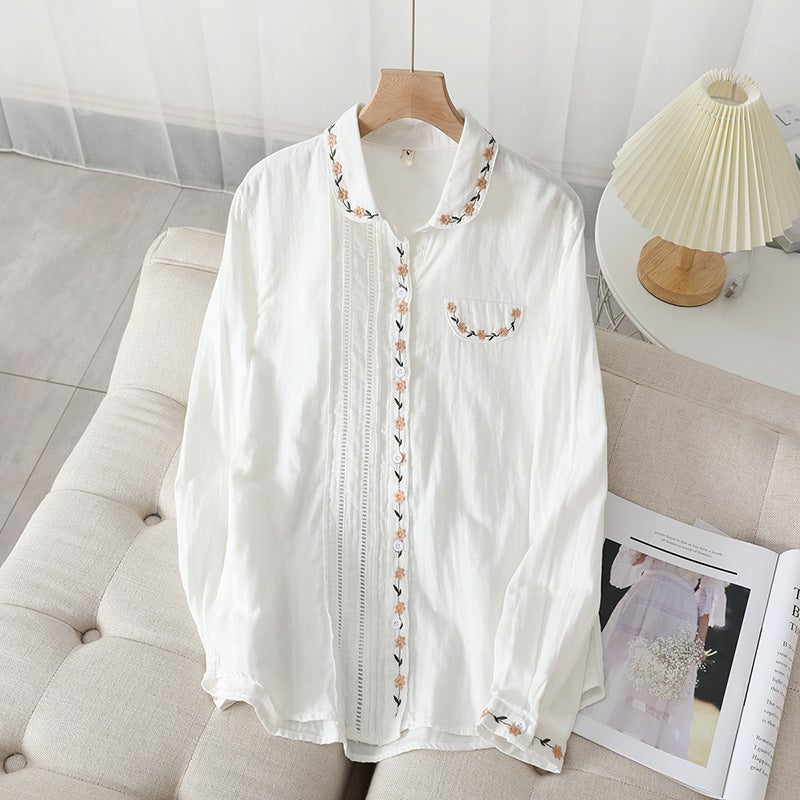 896 spot Spring and Autumn New Japanese literary small fresh embroidered white shirt double yarn womens base shirt tide White