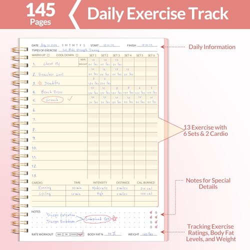 SUNEE Fitness Journal Workout Planner for Women & Men, A5 (6.4" x 8.3") Workout Journal Log Book Planner Gift for Track Gym Essentials, Home Workouts, Track Progress, Achieve Wellness Goals, Pink - Image 2
