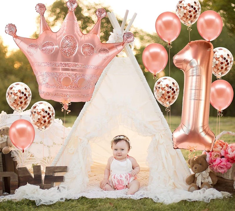 Lazybeee First Birthday Decorations for Girl - 32-Inch 12 Pieces, Crown Balloon | Number 1 Balloon for 1St Birthday Girl Decorations | Rose Gold One Balloons, First Birthday Balloons Rubber - Image 2
