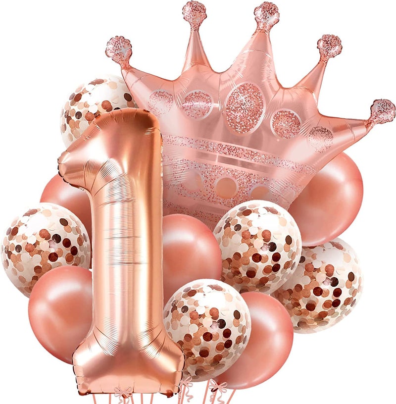Lazybeee First Birthday Decorations for Girl - 32-Inch 12 Pieces, Crown Balloon | Number 1 Balloon for 1St Birthday Girl Decorations | Rose Gold One Balloons, First Birthday Balloons Rubber - Image 1