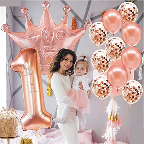 Lazybeee First Birthday Decorations for Girl - 32-Inch 12 Pieces, Crown Balloon | Number 1 Balloon for 1St Birthday Girl Decorations | Rose Gold One Balloons, First Birthday Balloons Rubber - Image 3