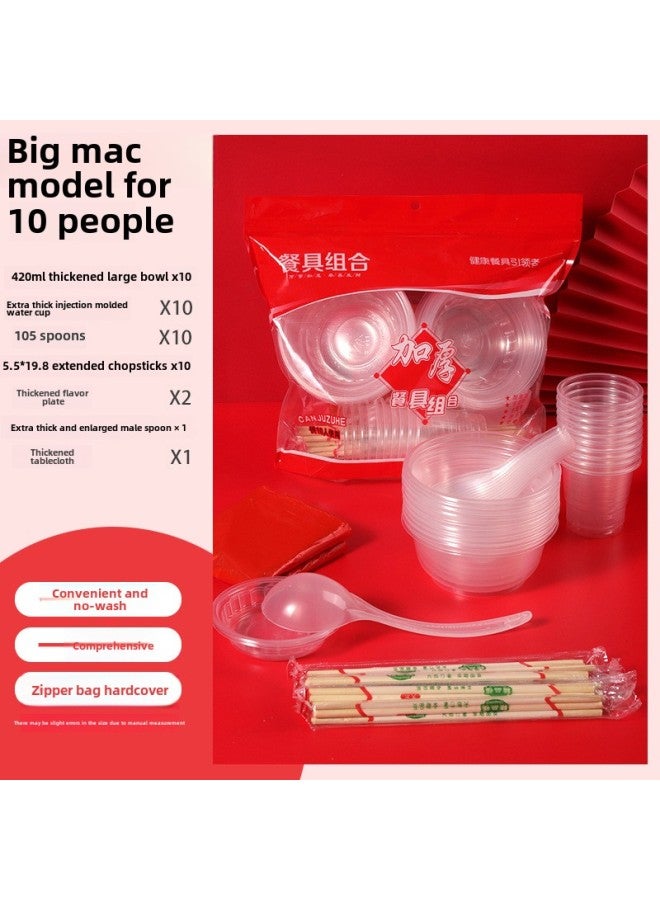 Mr. Min Disposable Bowl Chopsticks Cup Tableware Banquet Plastic Suit Barbecue Combination 10 People Tableware Suit Wholesale-Color:Big Mac 500 Bowl-Specifications:10 Persons - Image 1