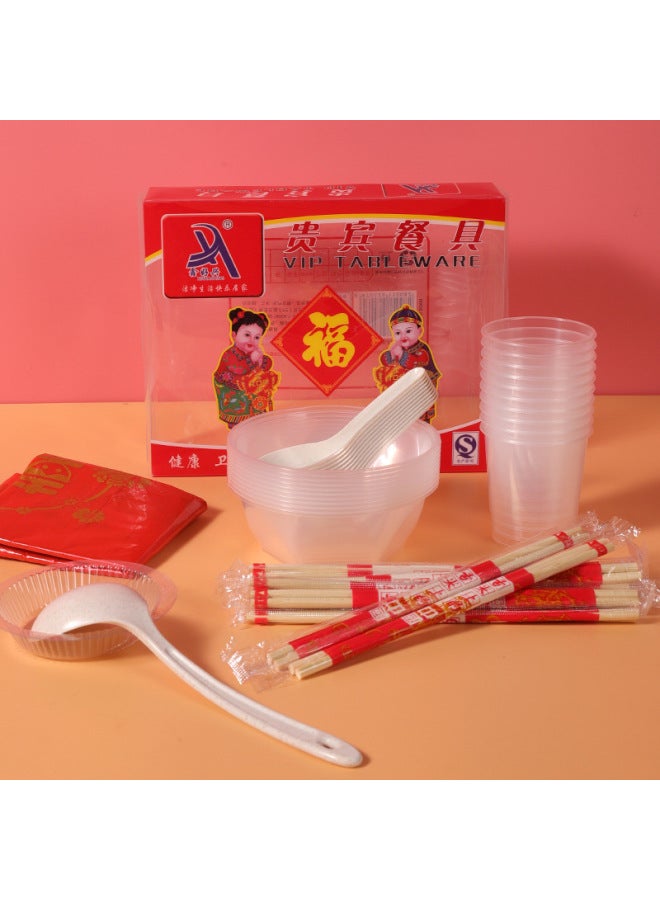 Mr. Min Disposable Bowl Chopsticks Cup Tableware Banquet Plastic Suit Barbecue Combination 10 People Tableware Suit Wholesale-Color:Big Mac 500 Bowl-Specifications:10 Persons - Image 4