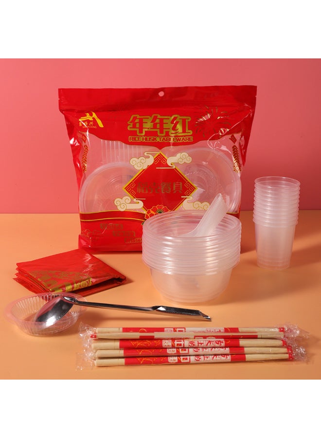 Mr. Min Disposable Bowl Chopsticks Cup Tableware Banquet Plastic Suit Barbecue Combination 10 People Tableware Suit Wholesale-Color:Big Mac 500 Bowl-Specifications:10 Persons - Image 2