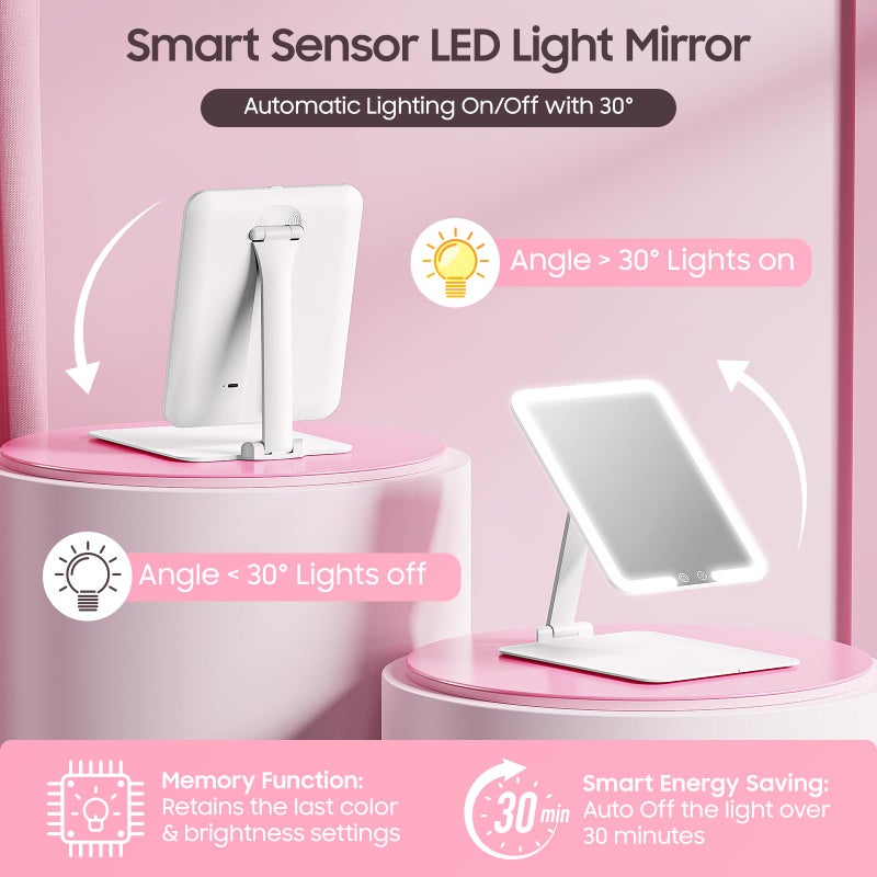 Benbilry Foldable Travel Makeup Mirror with Lights and 20X Magnification, Rechargeable Tabletop LED Vanity Mirror with Adjustable Stand, 3-Colored Dimmable Lighting, Portable Cosmetic Mirror, White - Image 3
