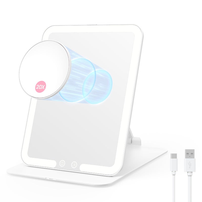 Benbilry Foldable Travel Makeup Mirror with Lights and 20X Magnification, Rechargeable Tabletop LED Vanity Mirror with Adjustable Stand, 3-Colored Dimmable Lighting, Portable Cosmetic Mirror, White - Image 1