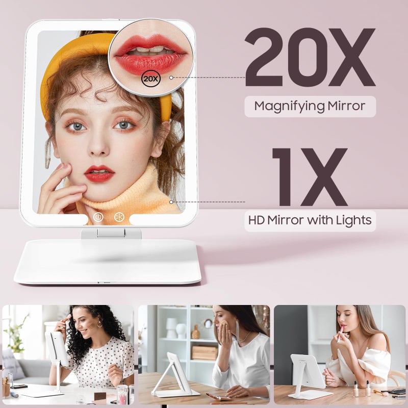 Benbilry Foldable Travel Makeup Mirror with Lights and 20X Magnification, Rechargeable Tabletop LED Vanity Mirror with Adjustable Stand, 3-Colored Dimmable Lighting, Portable Cosmetic Mirror, White - Image 4