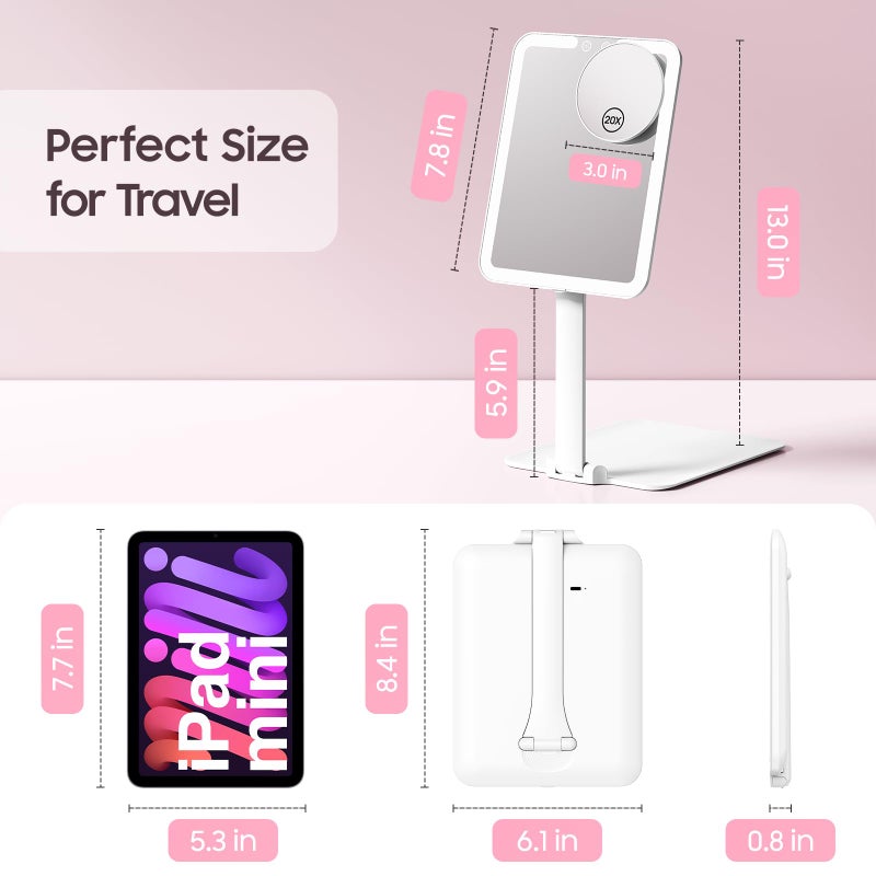 Benbilry Foldable Travel Makeup Mirror with Lights and 20X Magnification, Rechargeable Tabletop LED Vanity Mirror with Adjustable Stand, 3-Colored Dimmable Lighting, Portable Cosmetic Mirror, White - Image 2