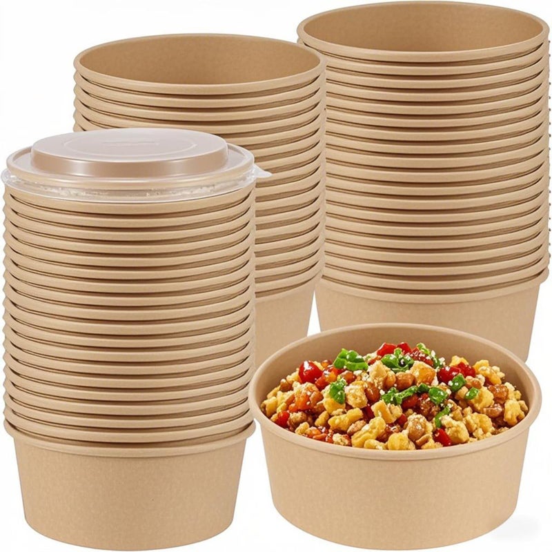 SINJEUN 60 Pack 25 Oz Kraft Paper Bowls with Lids Disposable Kraft Paper Bowls Food Containers Round Kraft Paper Salad Bowls Party Restaurant Supplies for HotCold Food Soup Ice cream Takeout
