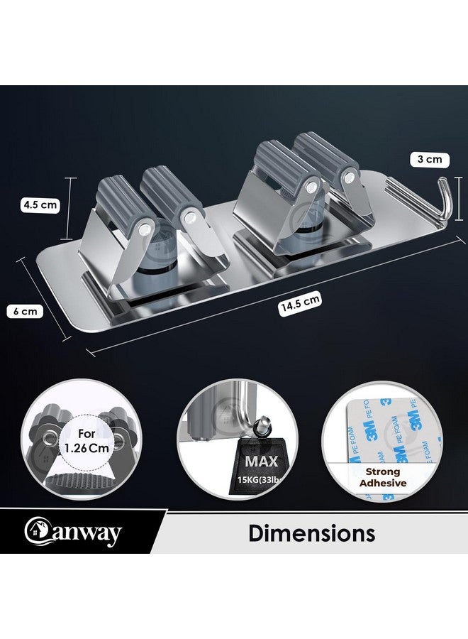 CANWAY Self Adhesive Wall Mounted Stainless Steel 2 Rack Hanging Shelves With 1 Hook Heavy Duty Broom Mop&Wiper Stick Holder For Home, Kitchen, Garden&Laundary (Silver) - Image 2