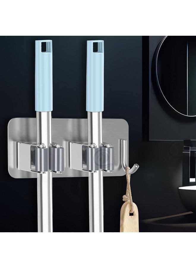 CANWAY Self Adhesive Wall Mounted Stainless Steel 2 Rack Hanging Shelves With 1 Hook Heavy Duty Broom Mop&Wiper Stick Holder For Home, Kitchen, Garden&Laundary (Silver) - Image 1