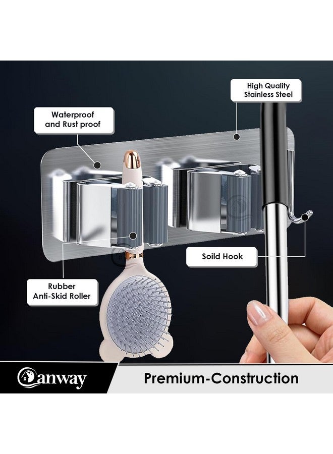 CANWAY Self Adhesive Wall Mounted Stainless Steel 2 Rack Hanging Shelves With 1 Hook Heavy Duty Broom Mop&Wiper Stick Holder For Home, Kitchen, Garden&Laundary (Silver) - Image 4