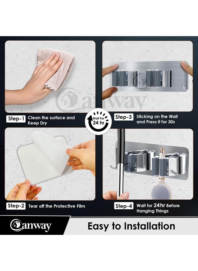 CANWAY Self Adhesive Wall Mounted Stainless Steel 2 Rack Hanging Shelves With 1 Hook Heavy Duty Broom Mop&Wiper Stick Holder For Home, Kitchen, Garden&Laundary (Silver) - Image 5