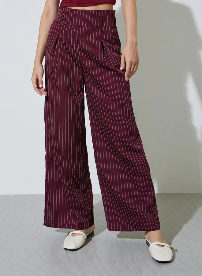Take Two Burgundy Striped Wide Waistband Trouser
