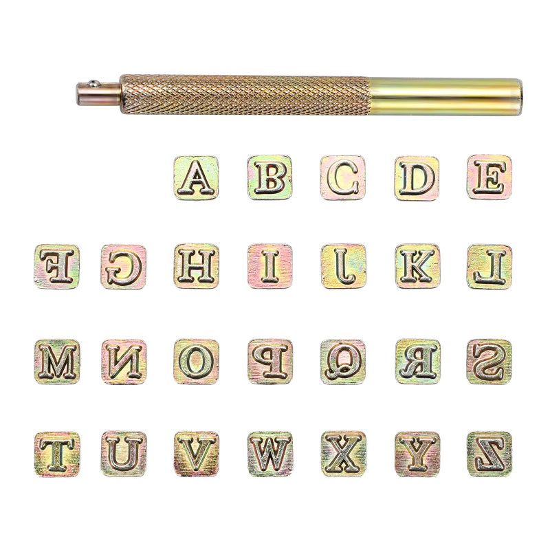 OwnMy 27PCS Leather Stamping Tools Kit Includes 26PCS 8mm Capital Letters Alphabet Stamps and 1 Steel Punch Handle, Metal Leathercarft Embossing Stamp Tools for Leather Art Crafts Marking/Working - Image 1