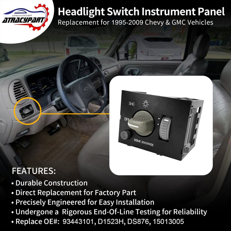 ATRACYPART Headlight Switch Dimmer Control | Replacement for 1995-2009 Chevy & GMC Vehicles - C1500 C2500 C3500 K1500 K2500 K3500 Express1500 2500 3500 & More | Replaces# 93443101, D1523H, DS876 - Image 2