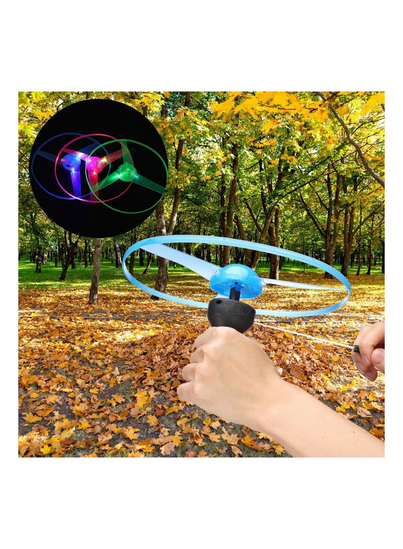 SYOSI 6 Pieces Flying Sets Light Up Disco Flyers Flying Spinner with Launchers and Lights Colorful Flying Disc LED Pull String for Indoor Outdoor Games Multicolor - Image 3