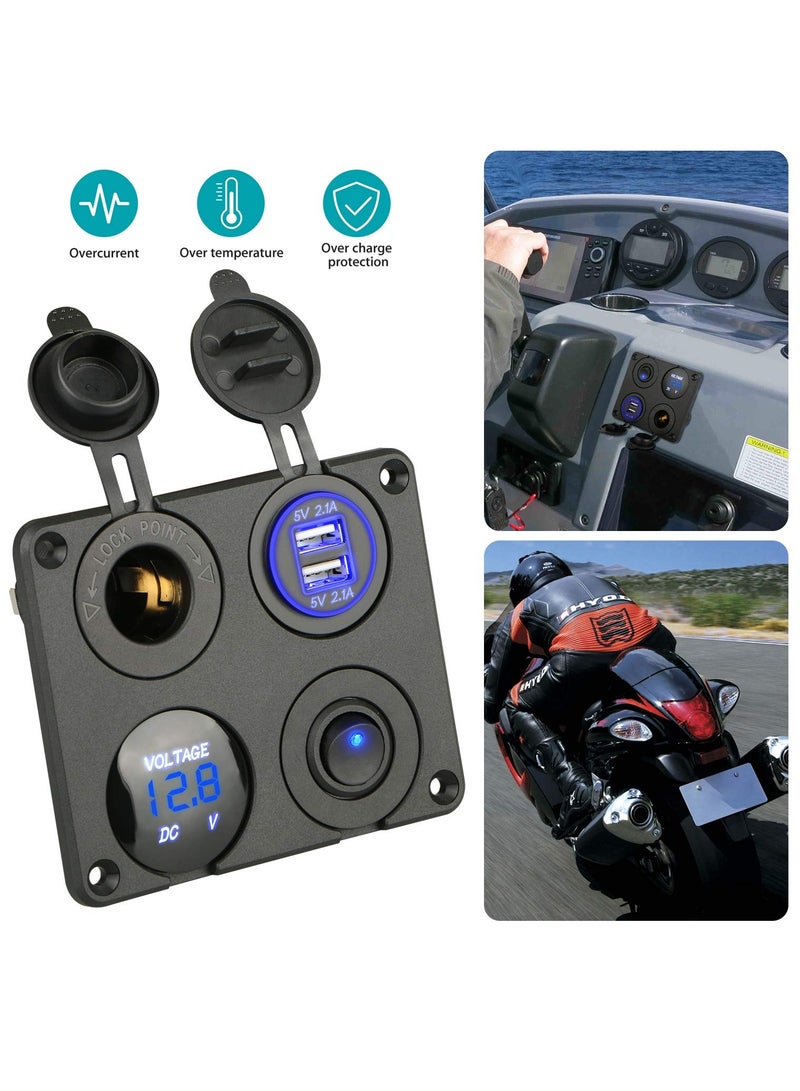 4-in-1 Car Charger Switch Panel with Dual USB Ports, LED Voltmeter, ON/OFF Toggle Switch, and Cigarette Socket for Cars, Boats, and Marine Use (Type A)