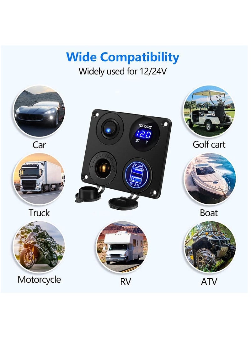 4-in-1 Car Charger Switch Panel with Dual USB Ports, LED Voltmeter, ON/OFF Toggle Switch, and Cigarette Socket for Cars, Boats, and Marine Use (Type A)