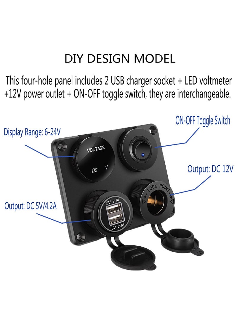 4-in-1 Car Charger Switch Panel with Dual USB Ports, LED Voltmeter, ON/OFF Toggle Switch, and Cigarette Socket for Cars, Boats, and Marine Use (Type A)