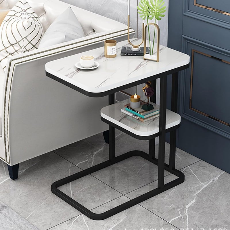 Jumix CShaped End Table Marble Effect Side Table Modern Coffee Table with Storage Shelf and Metal Frame for Small Spaces Living Room Bedroom 50x30x60cm WhiteBlack - Image 1