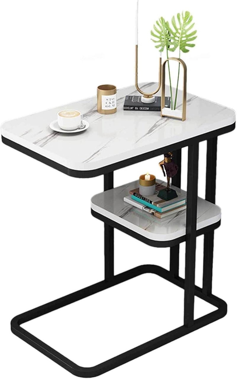 Jumix CShaped End Table Marble Effect Side Table Modern Coffee Table with Storage Shelf and Metal Frame for Small Spaces Living Room Bedroom 50x30x60cm WhiteBlack - Image 3