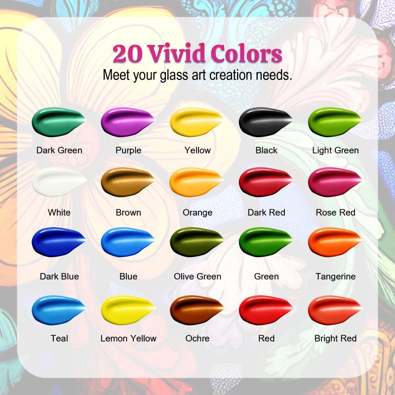 HOMY ARTY Glass Paint 20 Colors (1 fl oz Each) with 3 Brushes, Permanent No-Bake Acrylic Enamel Paint, Waterproof Stained Glass Paints, for Glass Painting, Ceramics, Light Bulbs and Windows - Image 2