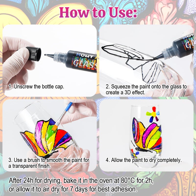 HOMY ARTY Glass Paint 20 Colors (1 fl oz Each) with 3 Brushes, Permanent No-Bake Acrylic Enamel Paint, Waterproof Stained Glass Paints, for Glass Painting, Ceramics, Light Bulbs and Windows - Image 4