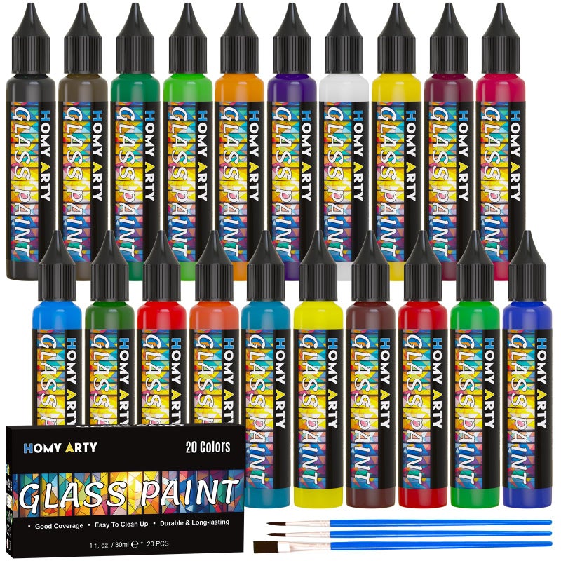 HOMY ARTY Glass Paint 20 Colors (1 fl oz Each) with 3 Brushes, Permanent No-Bake Acrylic Enamel Paint, Waterproof Stained Glass Paints, for Glass Painting, Ceramics, Light Bulbs and Windows - Image 1