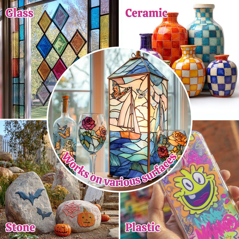 HOMY ARTY Glass Paint 20 Colors (1 fl oz Each) with 3 Brushes, Permanent No-Bake Acrylic Enamel Paint, Waterproof Stained Glass Paints, for Glass Painting, Ceramics, Light Bulbs and Windows - Image 5