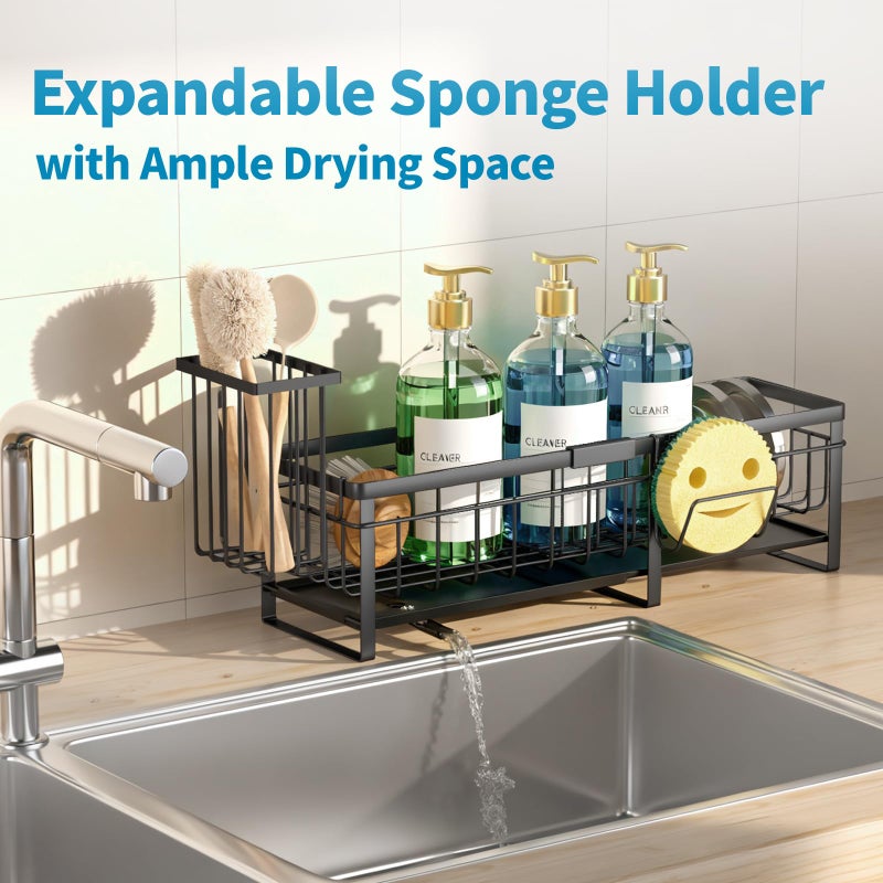 Aurblozen Extra Large Extendable Sponge Holder for Kitchen Sink, Rustproof Sink Caddy Organizer with High Brush Holder, Dish Soap Dispenser Organizers and Storage (Black) - Image 5