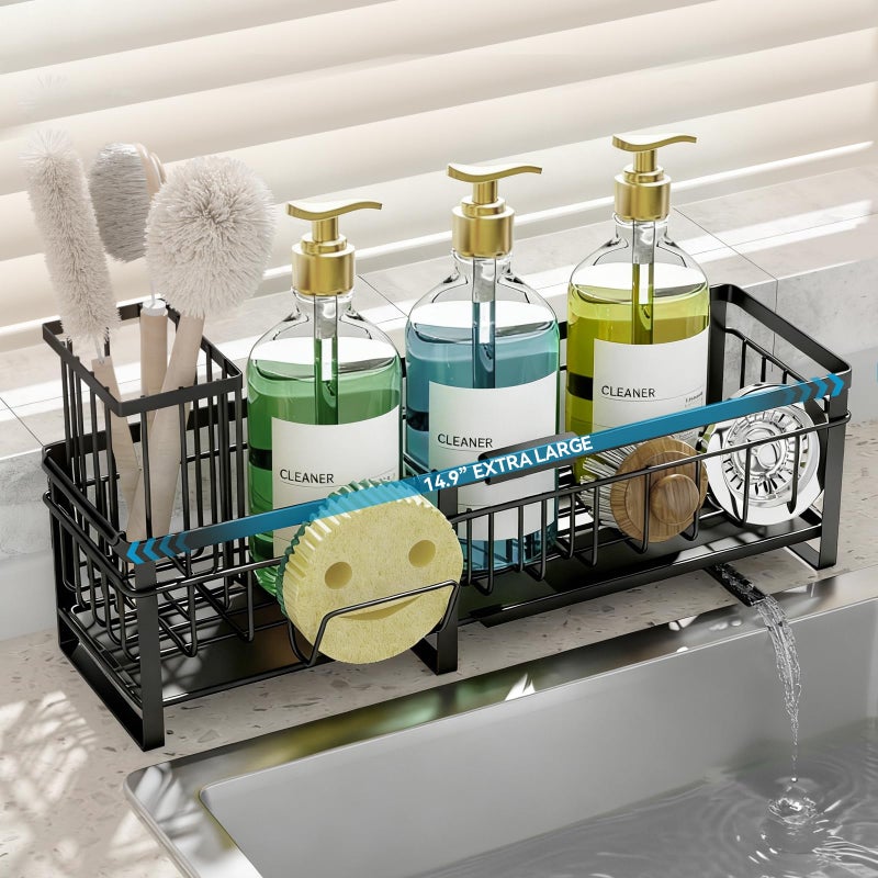 Aurblozen Extra Large Extendable Sponge Holder for Kitchen Sink, Rustproof Sink Caddy Organizer with High Brush Holder, Dish Soap Dispenser Organizers and Storage (Black) - Image 1