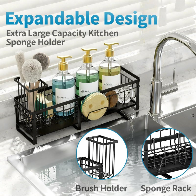 Aurblozen Extra Large Extendable Sponge Holder for Kitchen Sink, Rustproof Sink Caddy Organizer with High Brush Holder, Dish Soap Dispenser Organizers and Storage (Black) - Image 4