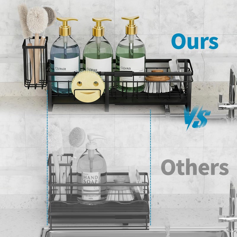Aurblozen Extra Large Extendable Sponge Holder for Kitchen Sink, Rustproof Sink Caddy Organizer with High Brush Holder, Dish Soap Dispenser Organizers and Storage (Black) - Image 2