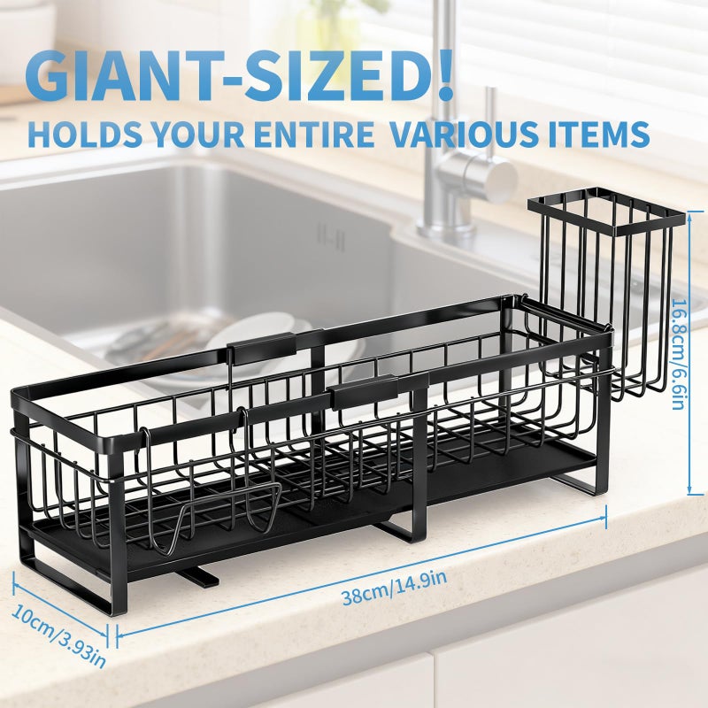 Aurblozen Extra Large Extendable Sponge Holder for Kitchen Sink, Rustproof Sink Caddy Organizer with High Brush Holder, Dish Soap Dispenser Organizers and Storage (Black) - Image 3