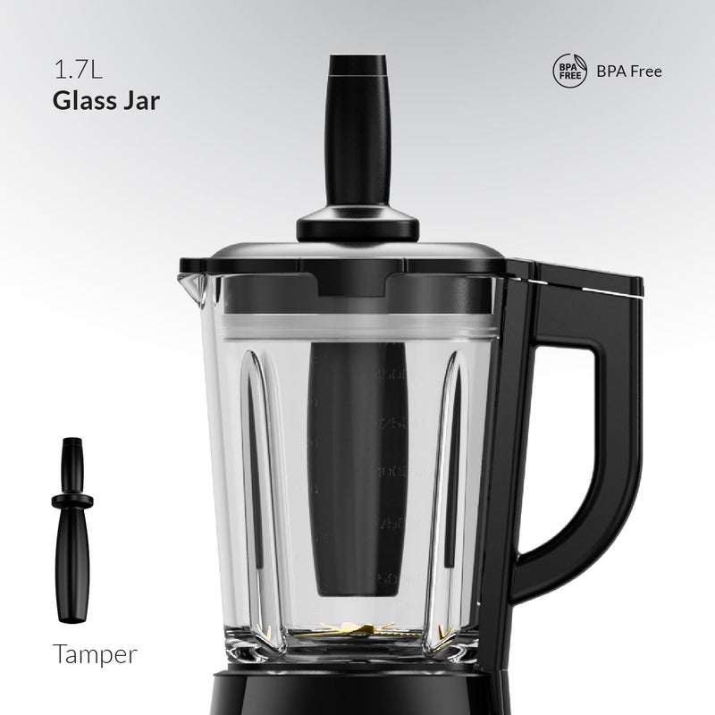 Feller Germany, 1200W Blender + Grinder Mill, 1.7L Glass Jar, Ice Crush/Smoothie/Pulse Modes, Variable Speed, 6-Fin Blade, Safety Lock, BLG1200, 2Y Guarantee-KSA Version Stainless Steel (Black) - Image 5