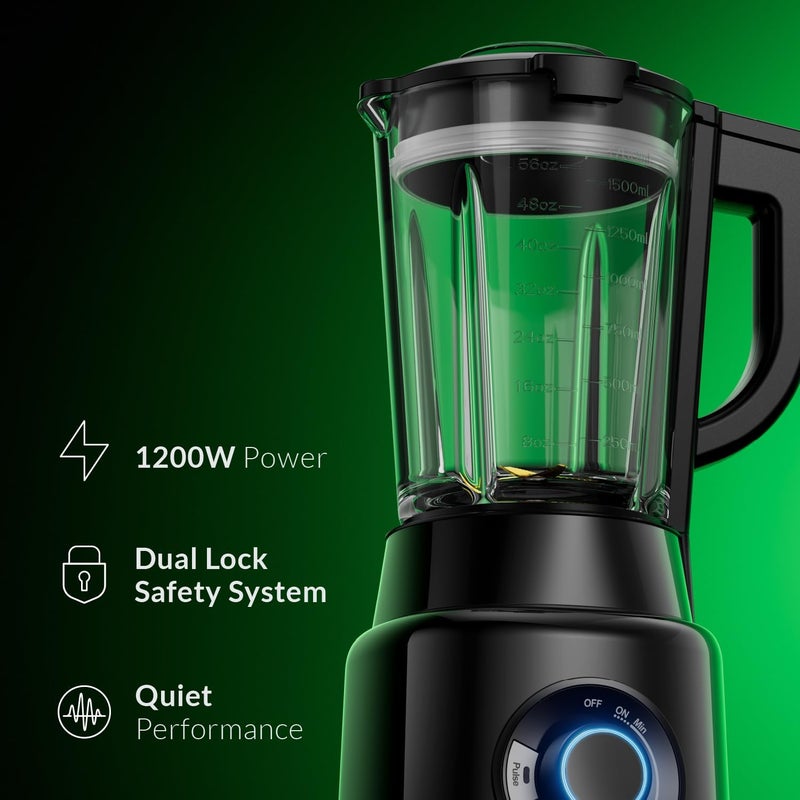 Feller Germany, 1200W Blender + Grinder Mill, 1.7L Glass Jar, Ice Crush/Smoothie/Pulse Modes, Variable Speed, 6-Fin Blade, Safety Lock, BLG1200, 2Y Guarantee-KSA Version Stainless Steel (Black) - Image 2