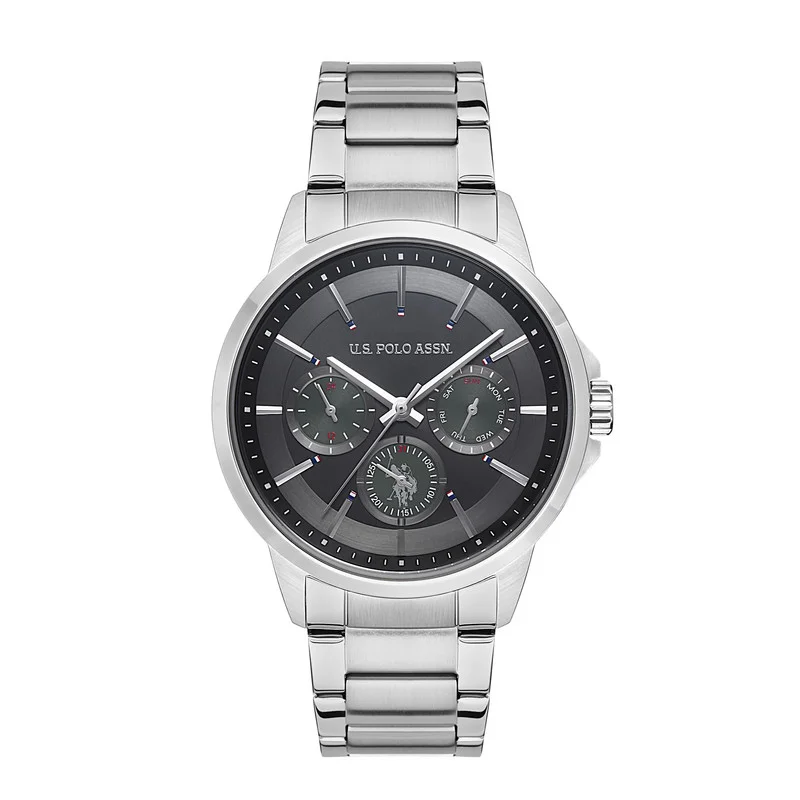 U.S. Polo Assn. USPA Analog Watch For Men With Black Grey Dial And Silver Metal Band 44 MM- 5 Atm Water Resistance - USPA1000-02