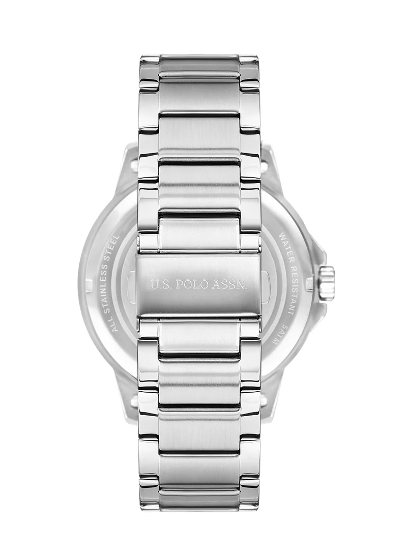 U.S. Polo Assn. USPA Analog Watch For Men With Black Grey Dial And Silver Metal Band 44 MM- 5 Atm Water Resistance - USPA1000-02