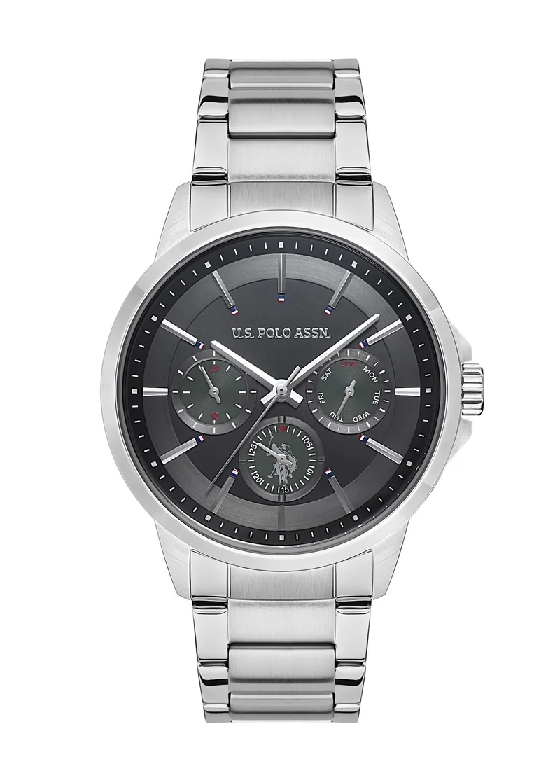 U.S. Polo Assn. USPA Analog Watch For Men With Black Grey Dial And Silver Metal Band 44 MM- 5 Atm Water Resistance - USPA1000-02