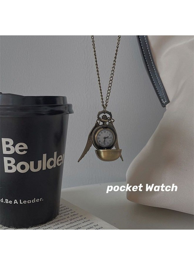 2 in 1 Vintage Necklace Pocket Watch, Harry Potter Golden Snitch Retro Necklace, Small Dial Golden Ball Watch Sweater Chain Decoration  - Image 1