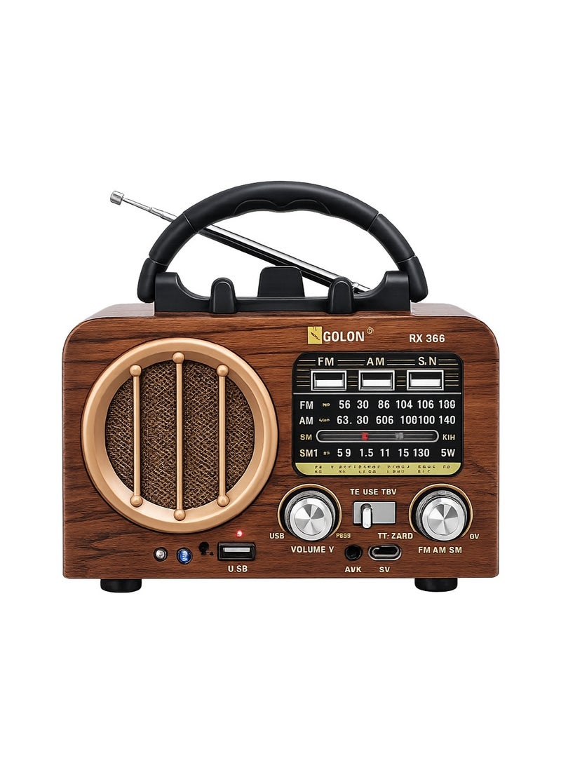 جولون راديو محمول- متعدد الموجات FM/AM/SW - يعمل بالطاقة الشمسية والبلوتوث ومشغل MP3 - تصميم خشبي كلاسيك - موديل RX-966 - Image 1
