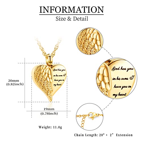 shajwo Cremation Jewelry Angel Wing Heart Urn Necklaces for Ashes Memorial Keepsake Pendant for Women Men,Gold - Image 5