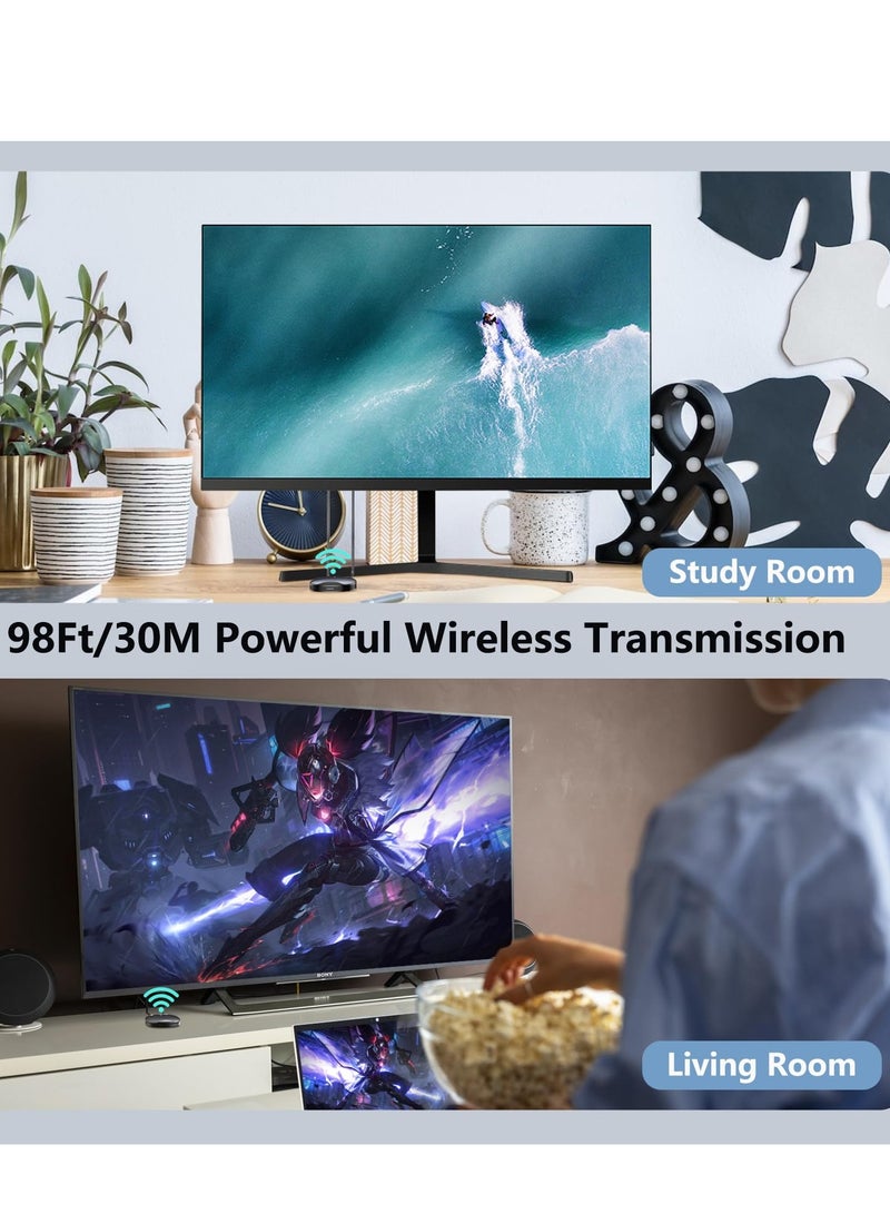 جهاز إرسال واستقبال HDMI لاسلكي، مجموعة HDMI لاسلكية بطول 98 قدمًا/30 مترًا تدعم HD 1080P@60 هرتز لبث الفيديو والصوت إلى التلفزيون/جهاز العرض/الشاشة من الكاميرا، PS3/4، الكمبيوتر الشخصي، الكمبيوتر المحمول